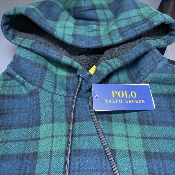 Polo Ralph Lauren Pullover Sherpa Hoodie Plaid Green Men’s Medium 5986 - Picture 4 of 10